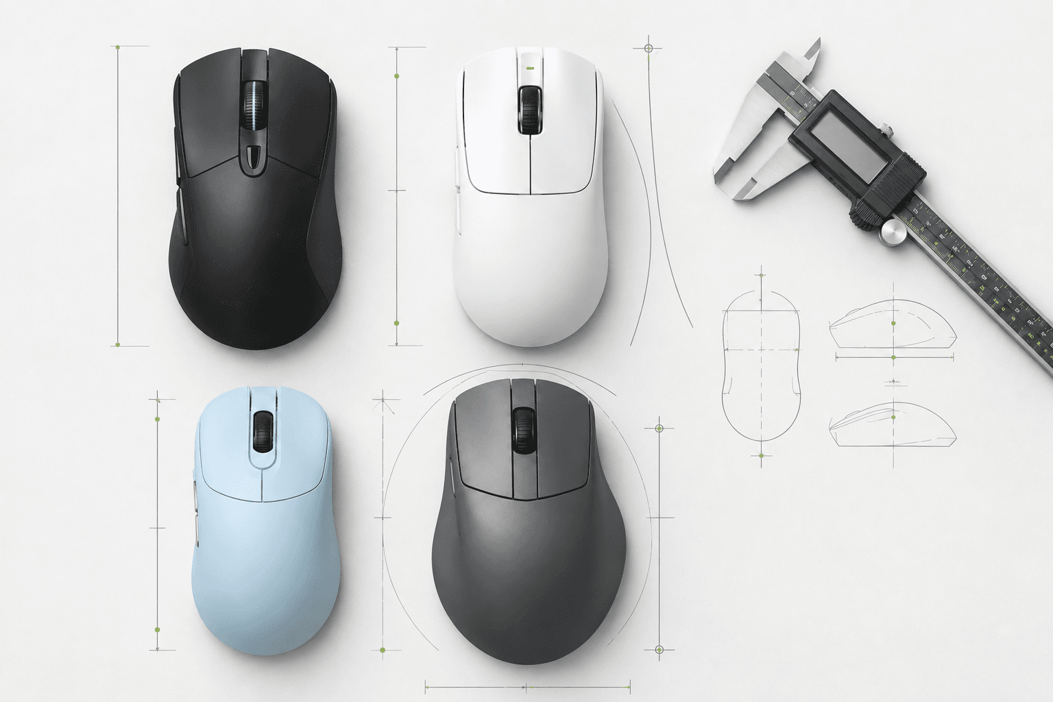 Mouse comparison board with dimensional guides and calipers