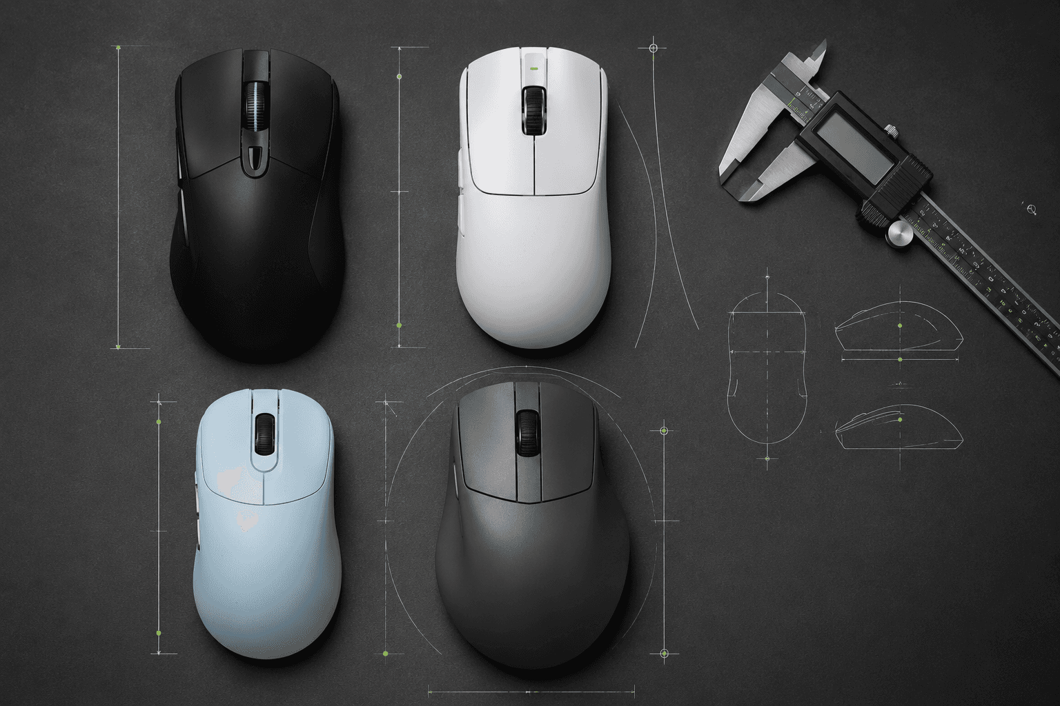 Mouse comparison board with dimensional guides and calipers